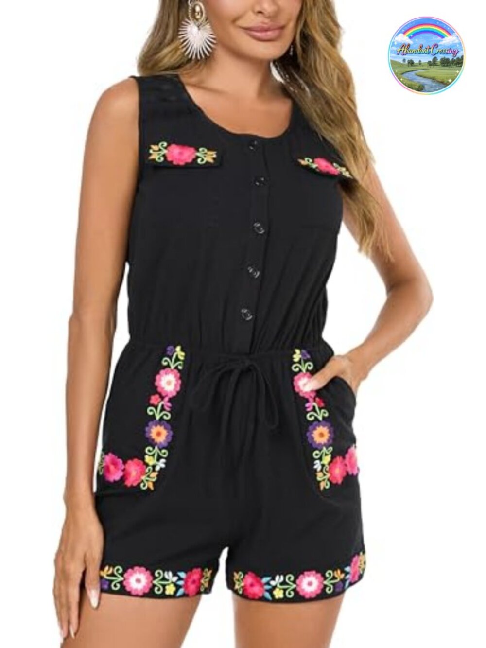 Women Cotton Sleeveless Embroidered Floral Romper Short Jumpsuit Loose Fit